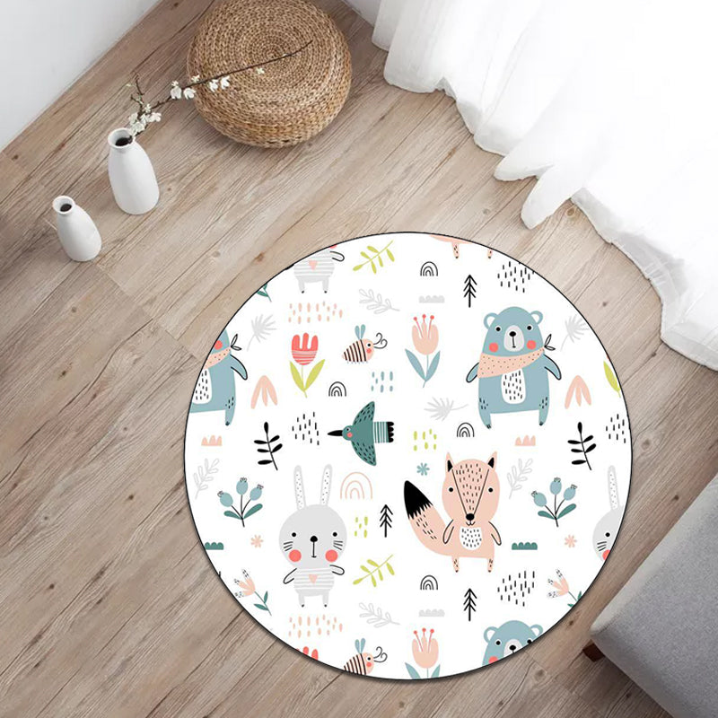 Lisslune | White Children's Bedroom Carpet Children Animal Rabbit Fox Bear Flower Pattern Area Rug Polyester Non-Slip Mat