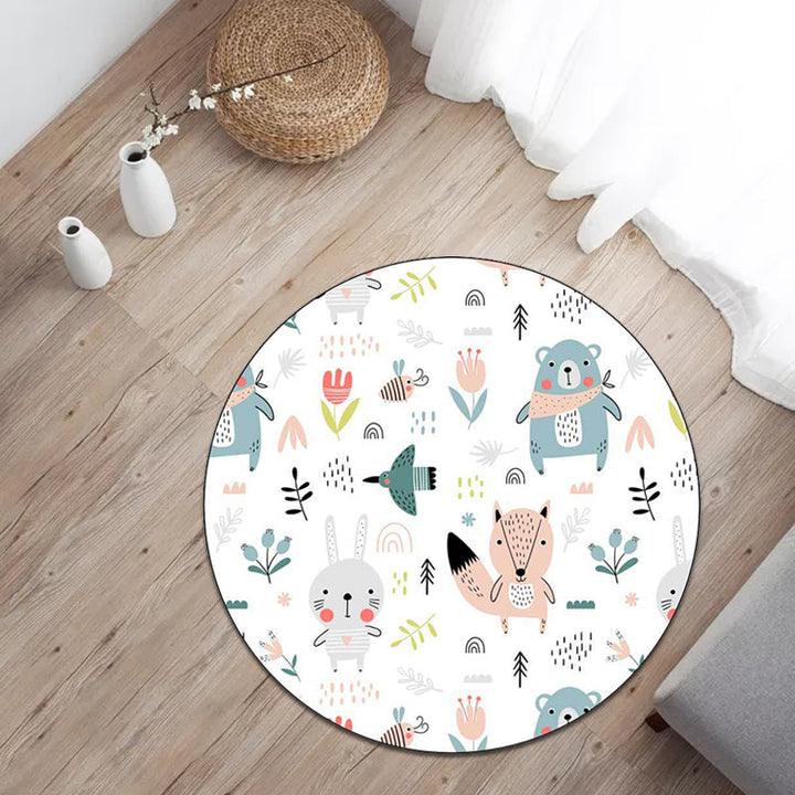 Lisslune | White Children's Bedroom Carpet Children Animal Rabbit Fox Bear Flower Pattern Area Rug Polyester Non-Slip Mat