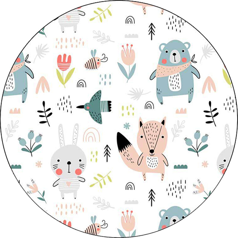 Lisslune | White Children's Bedroom Carpet Children Animal Rabbit Fox Bear Flower Pattern Area Rug Polyester Non-Slip Mat