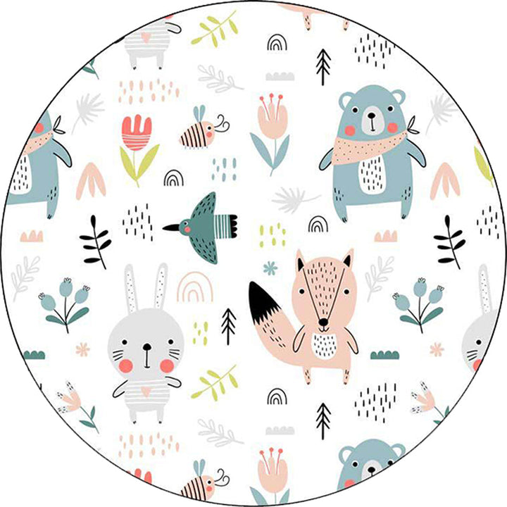 Lisslune | White Children's Bedroom Carpet Children Animal Rabbit Fox Bear Flower Pattern Area Rug Polyester Non-Slip Mat