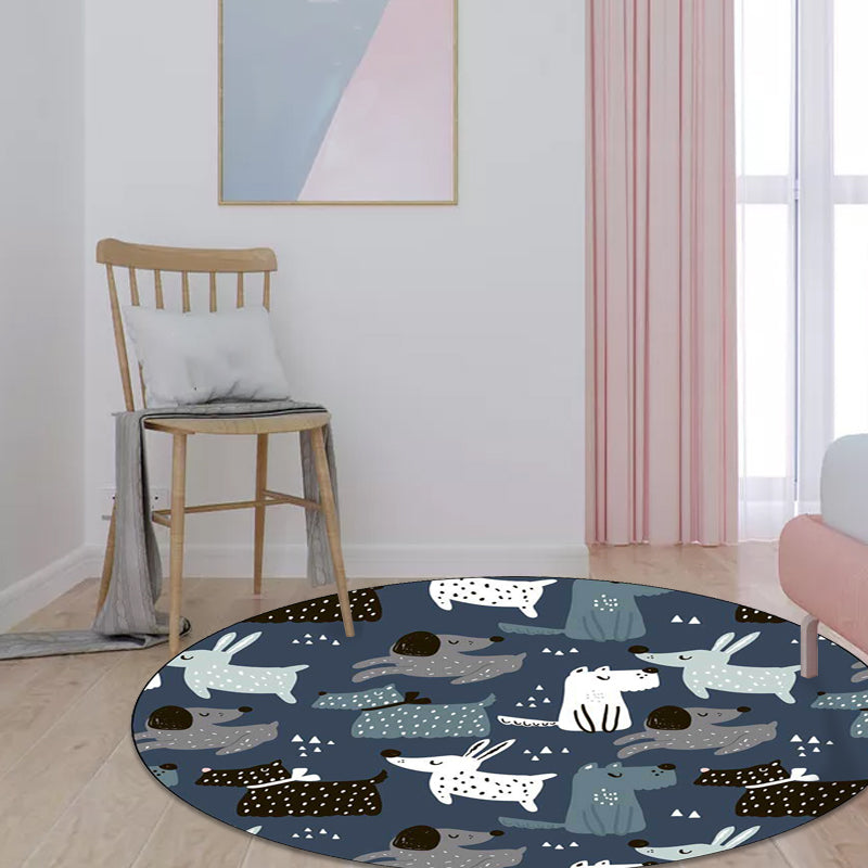 Lisslune | Casual Kids Carpet in Blue Animal Rabbit Dog Pattern Carpet Polyester Stain Resistant Washable Carpet for the Children's Room