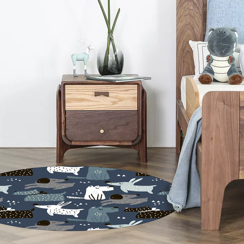 Lisslune | Casual Kids Carpet in Blue Animal Rabbit Dog Pattern Carpet Polyester Stain Resistant Washable Carpet for the Children's Room
