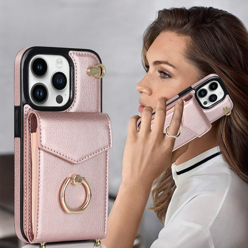 Lisslune | Leather Wallet Case with Ring & Lanyard for iPhone