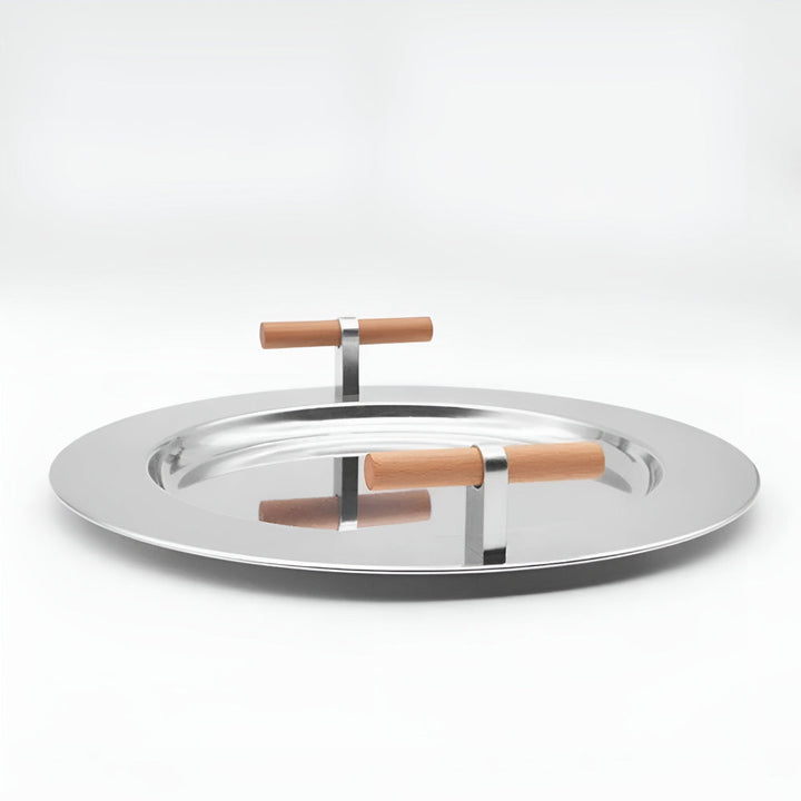 Lisslune | Elegant Stainless Steel Round Tray with Wooden Handles