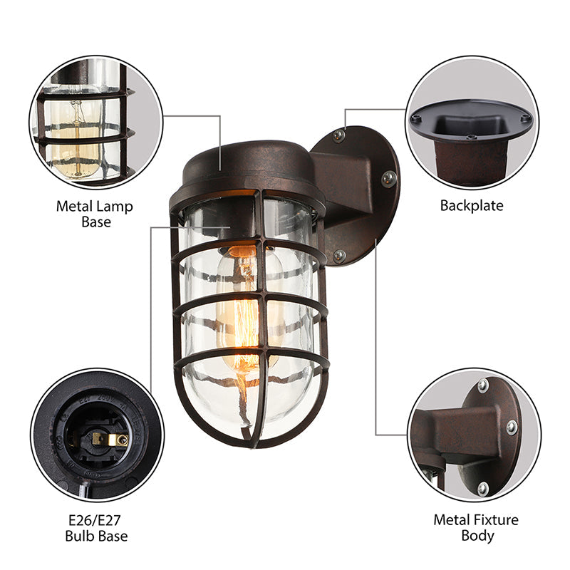 Skørter | Clear Glass Black/White/Rust Wall Lamp Cylinder 1-Light Traditional Wall Light Fixture for Porch with Cage