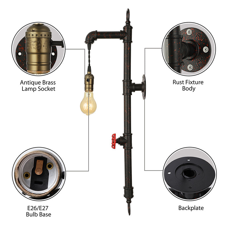 Lisslune | Dark Rust Pipe Wall Light with Valve Vintage Stylish Metal 1 Light Living Room Wall Lamp