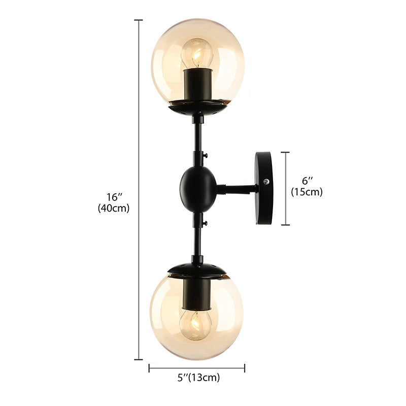Lisslune | Black 2-Light Wall Light Industrial Amber Glass Globe Shade Lighting Fixture for Living Room