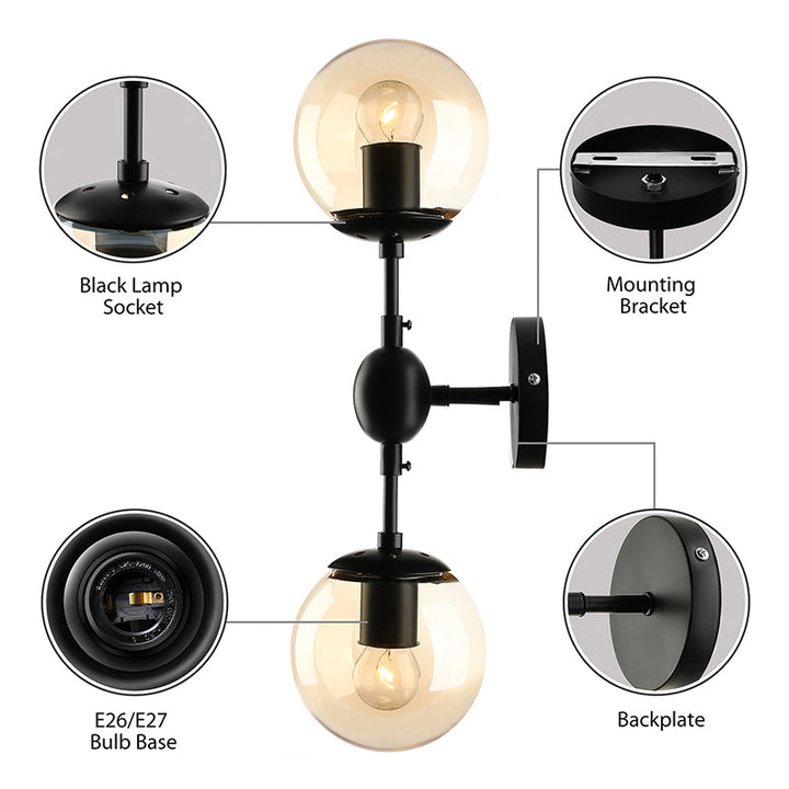 Lisslune | Black 2-Light Wall Light Industrial Amber Glass Globe Shade Lighting Fixture for Living Room