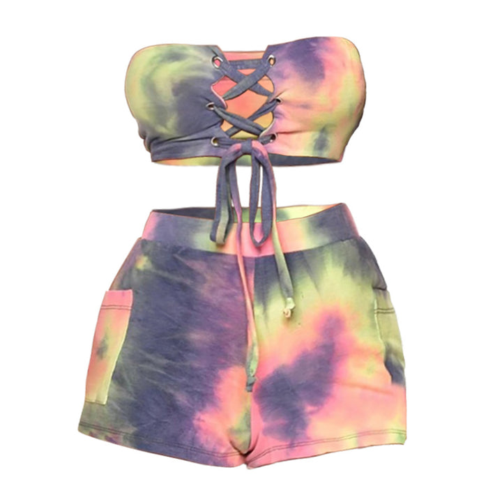 Women's Crop Top and Shorts Set with Lacing and Playful Design
