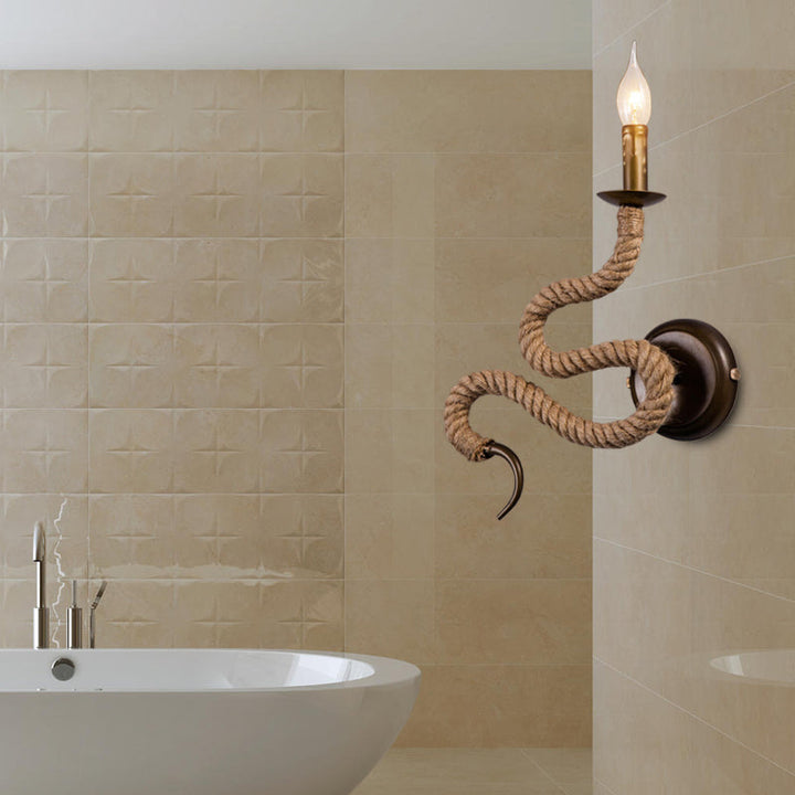 Lisslune | Candle Holder Ropestone Wall Lamp with Curved Design Vintage 1 Light Bedroom Wall Mounted Lamp in Bronze