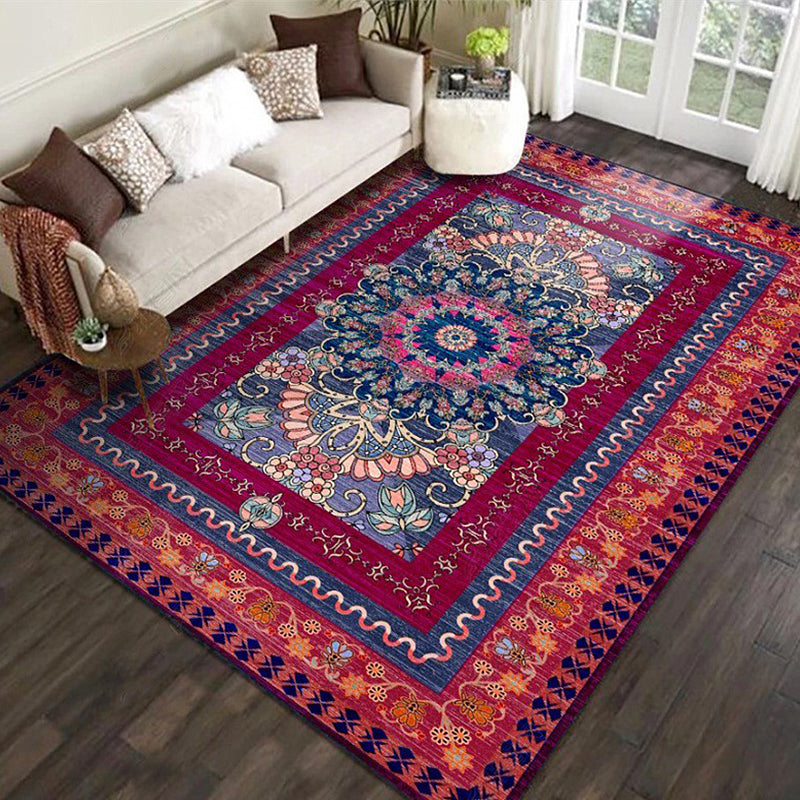 Lisslune | Retro Medallion Pattern Rug with floral and leaf red Persian Rug Polyester machine washable non-slip rug for bedroom