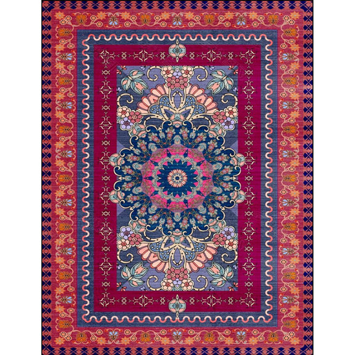Lisslune | Retro Medallion Pattern Rug with floral and leaf red Persian Rug Polyester machine washable non-slip rug for bedroom