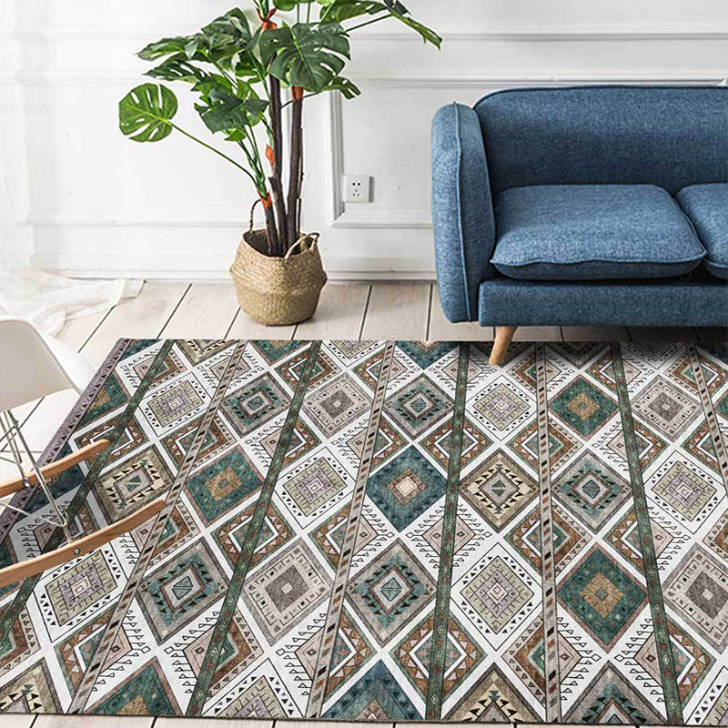 Lisslune | Persian Azulejos Print Rug Green Polyester Rug Machine Washable Non-Slip Rug for Living Room