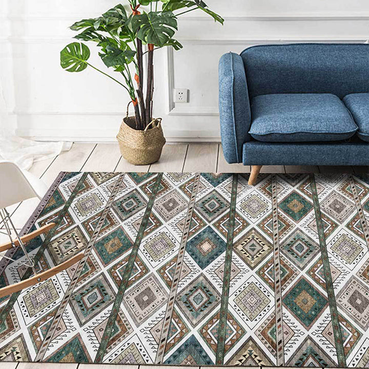 Lisslune | Persian Azulejos Print Rug Green Polyester Rug Machine Washable Non-Slip Rug for Living Room
