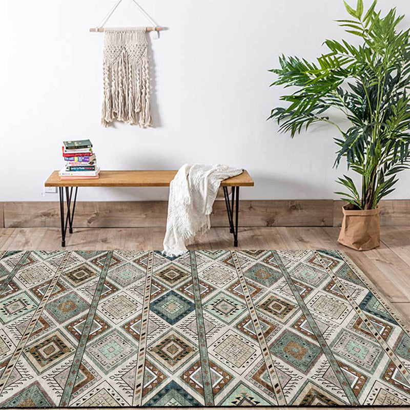 Lisslune | Persian Azulejos Print Rug Green Polyester Rug Machine Washable Non-Slip Rug for Living Room