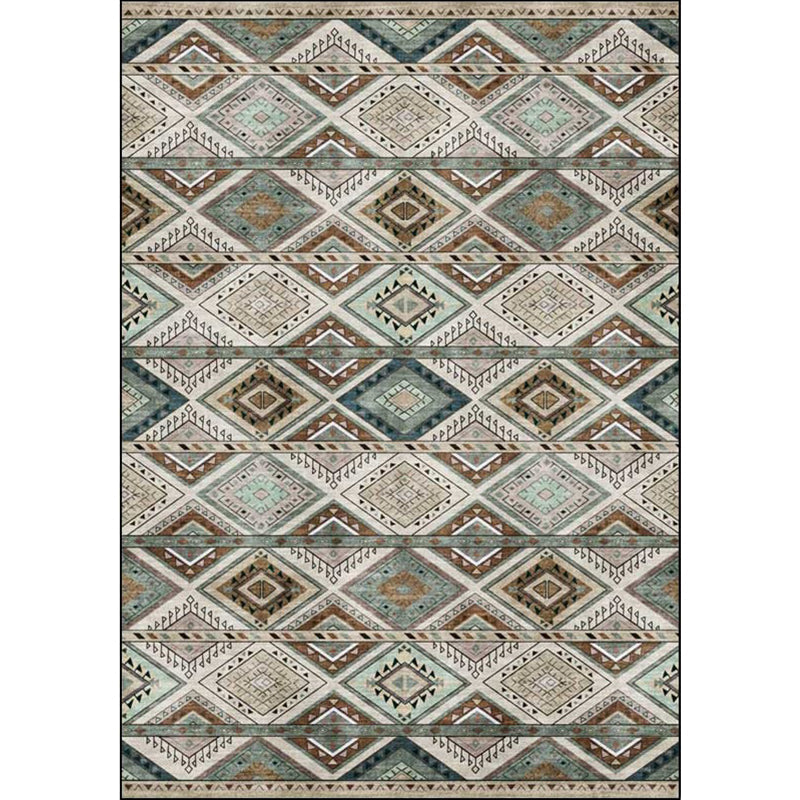 Lisslune | Persian Azulejos Print Rug Green Polyester Rug Machine Washable Non-Slip Rug for Living Room