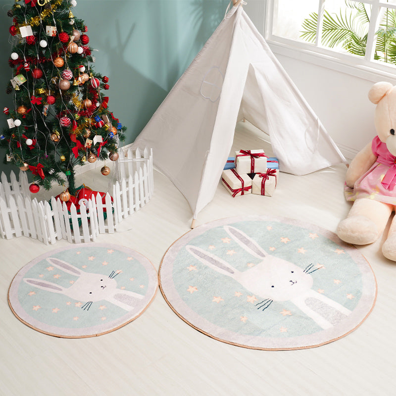 Lisslune | Kids Cartoon Bunny Pattern Rug Green Polyester Rug Washable Non-Slip Back Rug for Home Decor