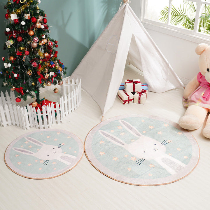 Lisslune | Kids Cartoon Bunny Pattern Rug Green Polyester Rug Washable Non-Slip Back Rug for Home Decor