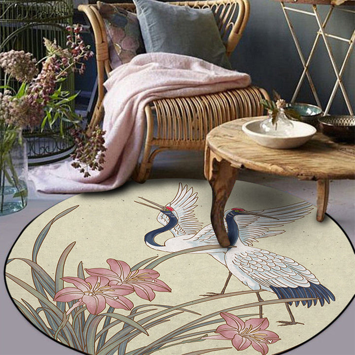 Lisslune | Yellow Eastern Carpet Polyester Flower and Crane Pattern Carpet Washable Non-Slip Back Mat for the Living Room