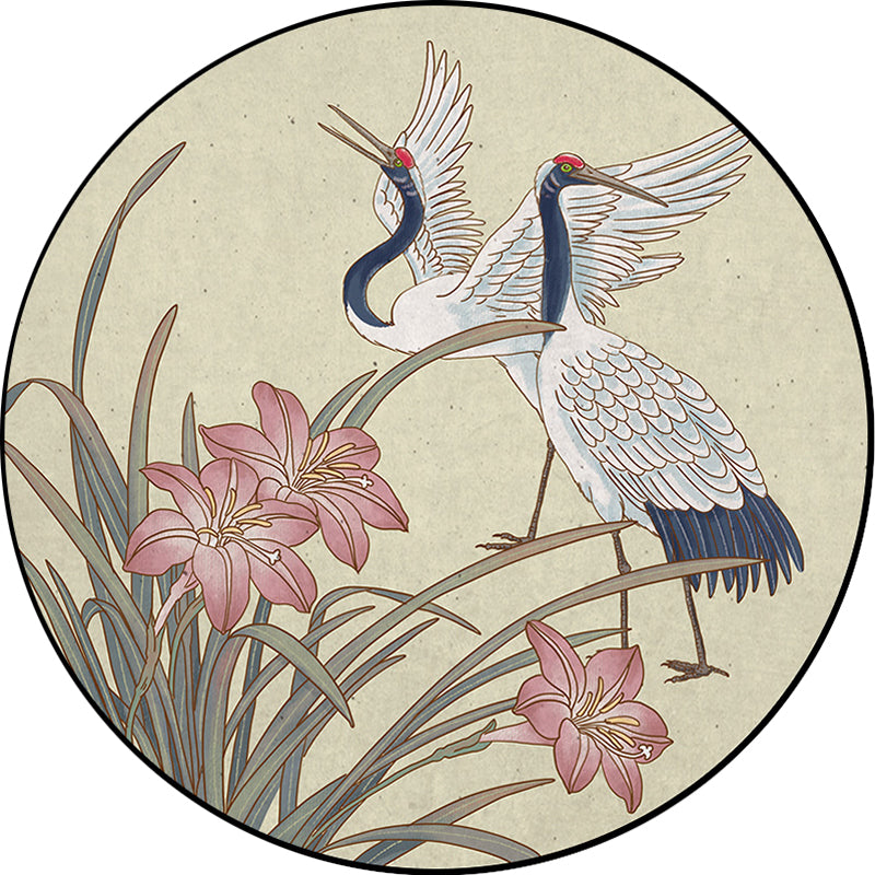 Lisslune | Yellow Eastern Carpet Polyester Flower and Crane Pattern Carpet Washable Non-Slip Back Mat for the Living Room