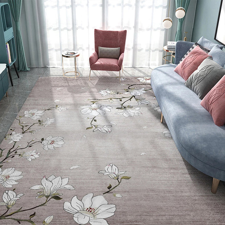Lisslune | Light Red Oriental Carpet Polyester Floral Element Carpet Washable Non-Slip Back Carpet for Living Room