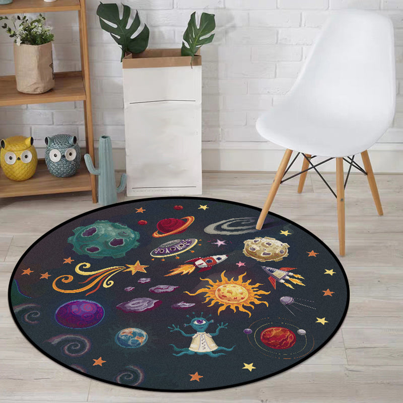 Lisslune | Children's room carpet in black space alien planet rocket print carpet polyester machine washable area rug