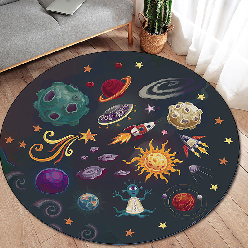 Lisslune | Children's room carpet in black space alien planet rocket print carpet polyester machine washable area rug