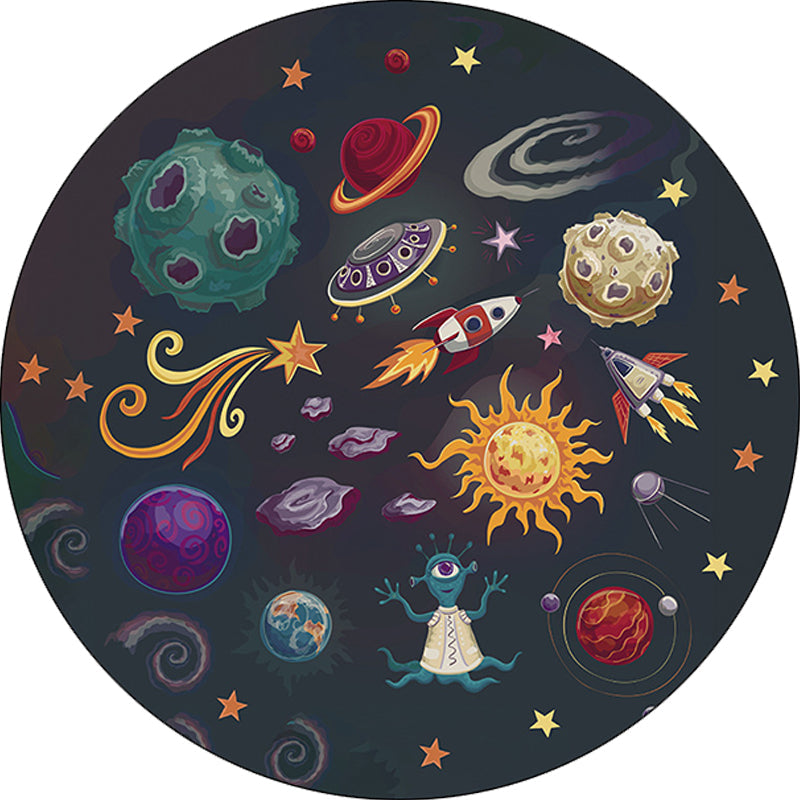 Lisslune | Children's room carpet in black space alien planet rocket print carpet polyester machine washable area rug