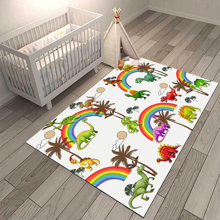 Lisslune | White Children's Room Rug Kids Animal Dinosaurs Rainbow Tree Pattern Area Rug Polyester Washable Pet-Friendly Carpet