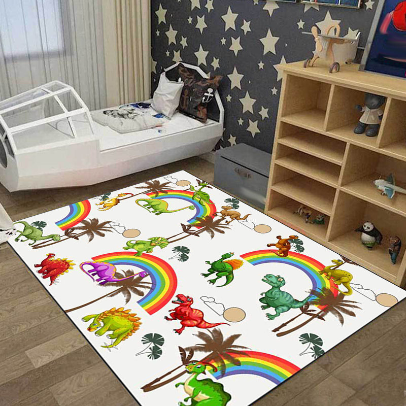 Lisslune | White Children's Room Rug Kids Animal Dinosaurs Rainbow Tree Pattern Area Rug Polyester Washable Pet-Friendly Carpet