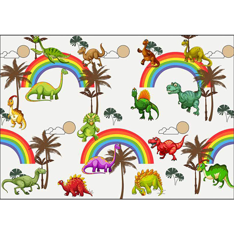 Lisslune | White Children's Room Rug Kids Animal Dinosaurs Rainbow Tree Pattern Area Rug Polyester Washable Pet-Friendly Carpet