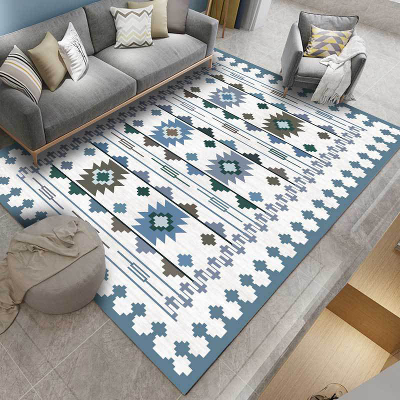 Lisslune | Southwest geometric printed carpet blue and brown polyester rug machine washable non-slip doormat for living room