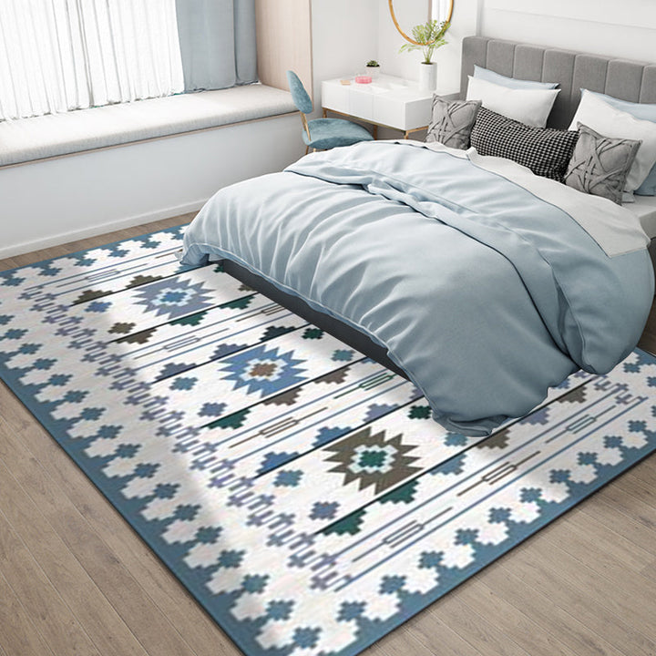 Lisslune | Southwest geometric printed carpet blue and brown polyester rug machine washable non-slip doormat for living room