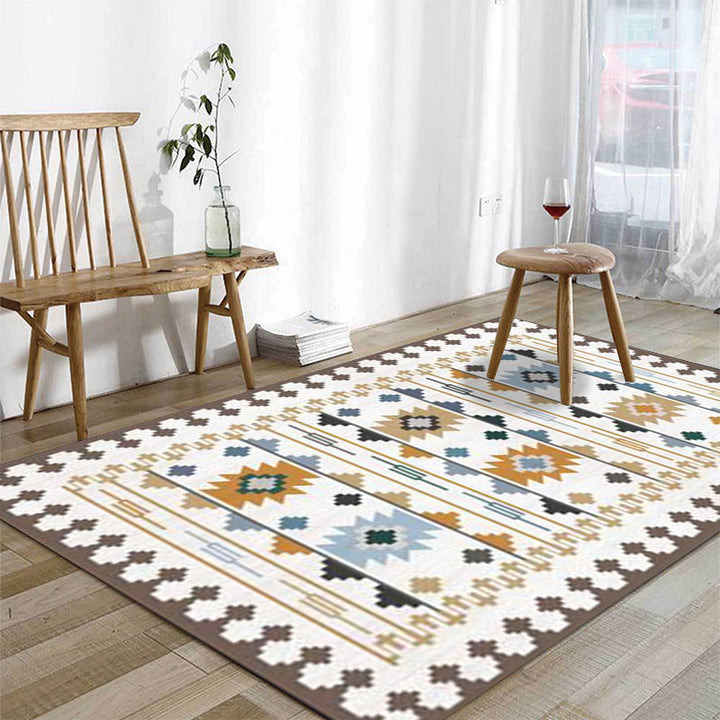 Lisslune | Southwest geometric printed carpet blue and brown polyester rug machine washable non-slip doormat for living room