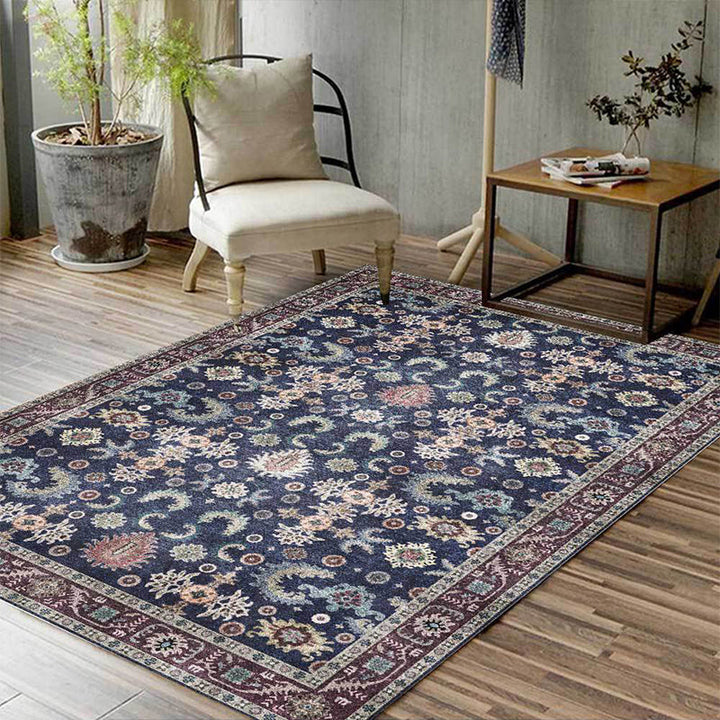 Lisslune | Unique floral patterned carpet with leaf Blue Vintage carpet polyester washable non-slip backing carpet for bedroom