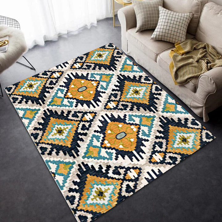 Lisslune | Yellow and black Persian carpet polyester checked pattern washable carpet non-slip backing carpet for living room