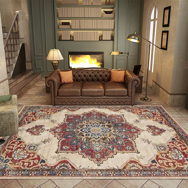 Lisslune | Vintage Medallion Pattern Rug Brown Polyester Rug Machine Washable Non-Slip Rug for the Living Room