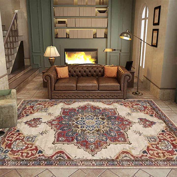 Lisslune | Vintage Medallion Pattern Rug Brown Polyester Rug Machine Washable Non-Slip Rug for the Living Room