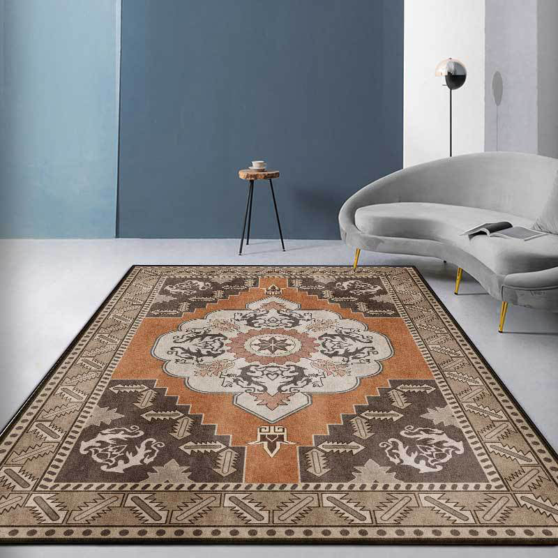 Lisslune | Brown Persian carpet polyester medallion and floral pattern carpet washable non-slip backing carpet for the living room