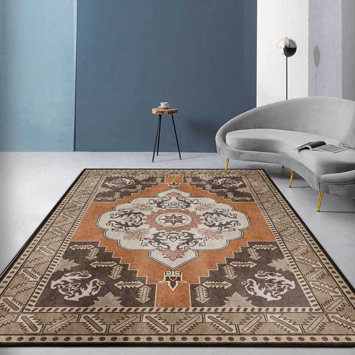 Lisslune | Brown Persian carpet polyester medallion and floral pattern carpet washable non-slip backing carpet for the living room