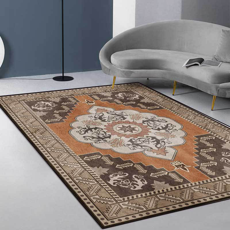 Lisslune | Brown Persian carpet polyester medallion and floral pattern carpet washable non-slip backing carpet for the living room