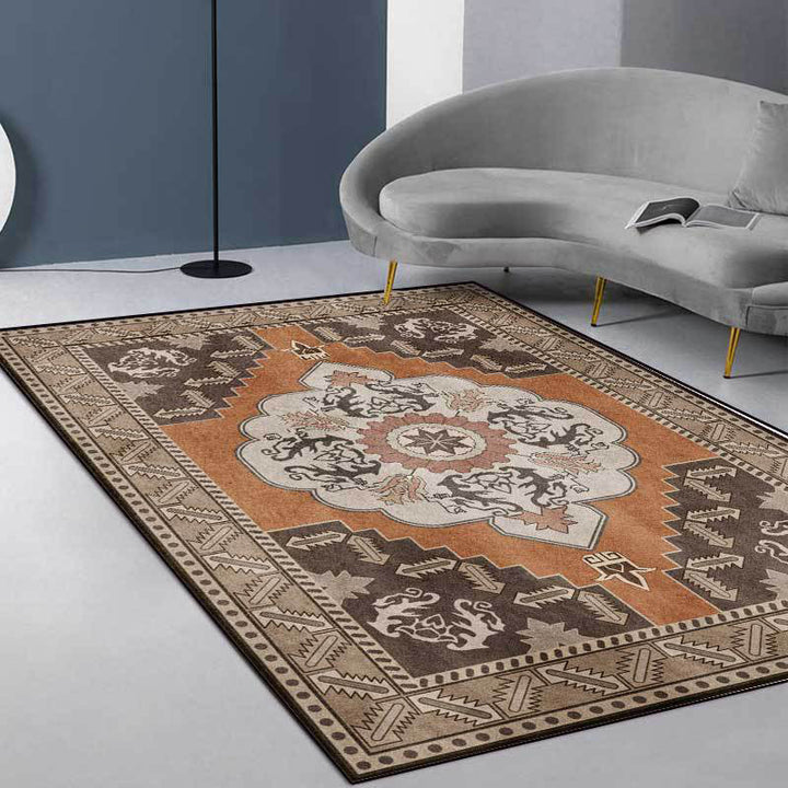 Lisslune | Brown Persian carpet polyester medallion and floral pattern carpet washable non-slip backing carpet for the living room