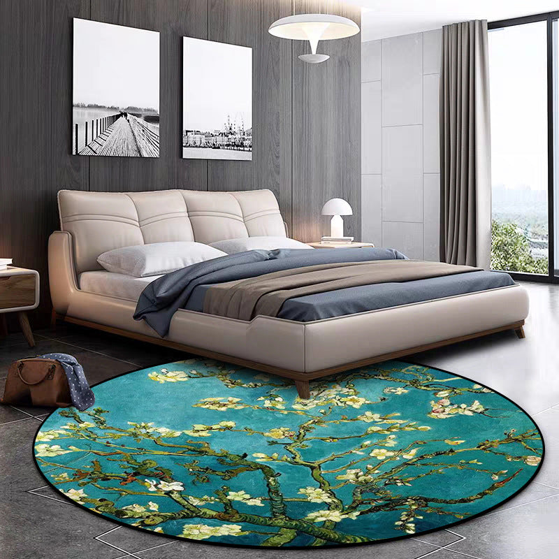Lisslune | Retro Floral Pattern Rug Blue Traditional Rug Polyester Washable Non-Slip Back Rug for Living Room