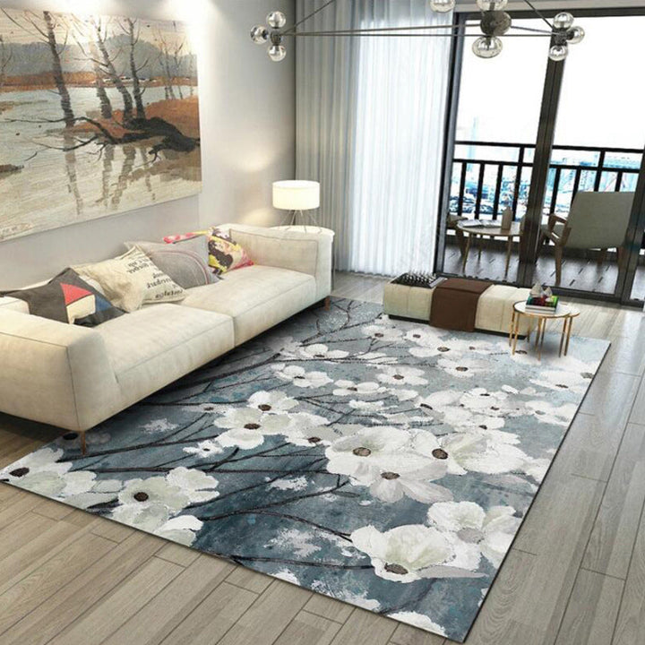 Lisslune | Traditional floral pattern rug white and gray oriental rug polyester washable non-slip backing rug for living room