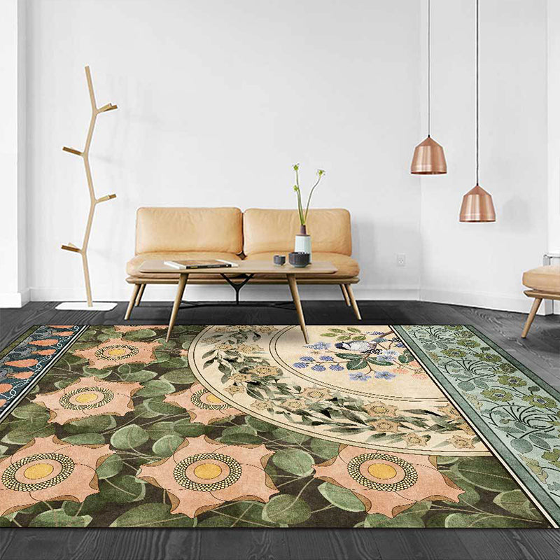 Lisslune | Green Oriental Carpet Polyester Flower and Bird Pattern Carpet Washable Non-Slip Backing Carpet for Bedroom