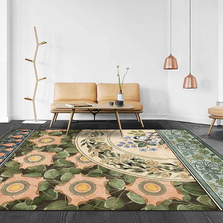Lisslune | Green Oriental Carpet Polyester Flower and Bird Pattern Carpet Washable Non-Slip Backing Carpet for Bedroom