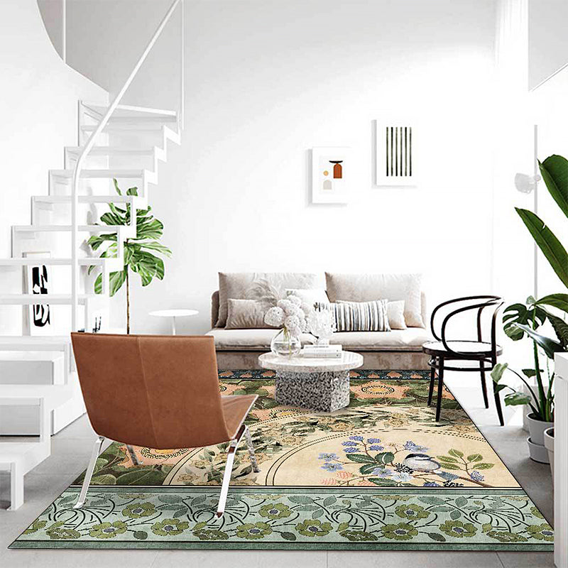 Lisslune | Green Oriental Carpet Polyester Flower and Bird Pattern Carpet Washable Non-Slip Backing Carpet for Bedroom