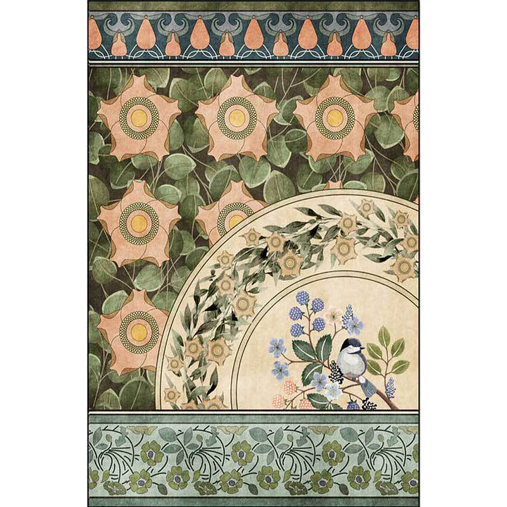 Lisslune | Green Oriental Carpet Polyester Flower and Bird Pattern Carpet Washable Non-Slip Backing Carpet for Bedroom