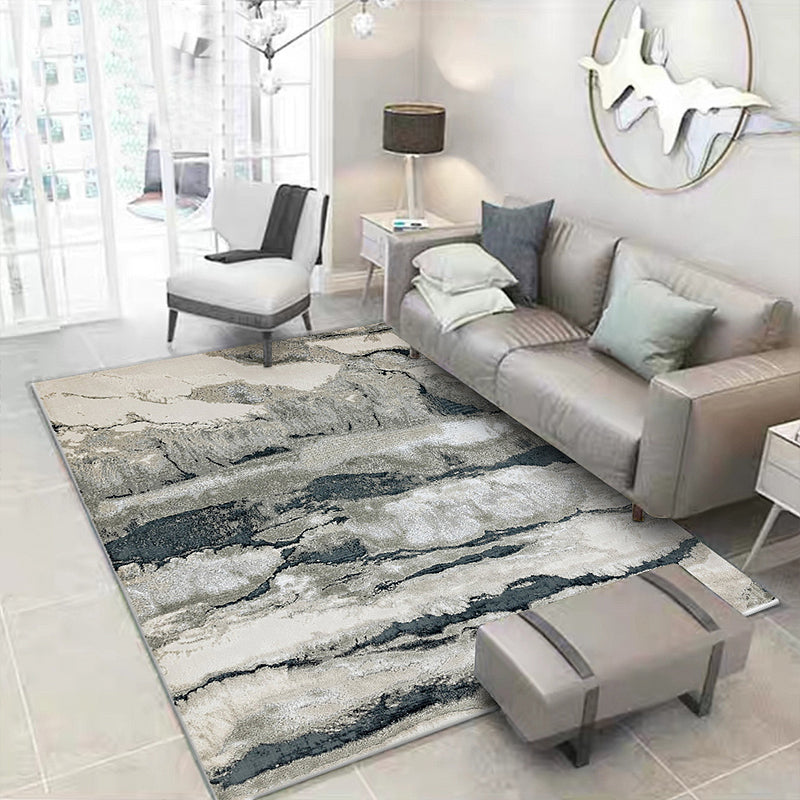 Lisslune | Gray Oriental Carpet Polyester Ink Wash Painting Pattern Carpet Washable Non-Slip Base Carpet for Living Room