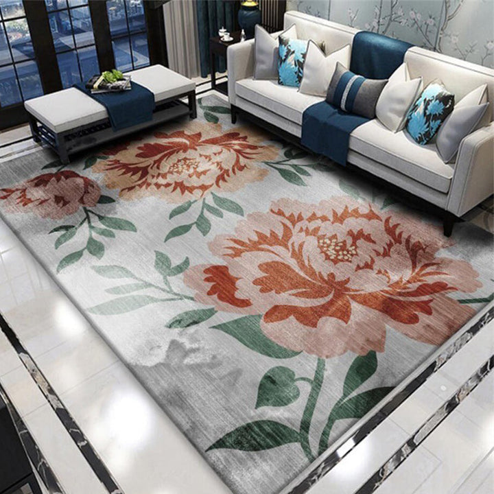 Lisslune | Gray and Red Eastern Carpet Polyester Flower and Leaf Pattern Carpet Washable Non-Slip Rug for Bedroom